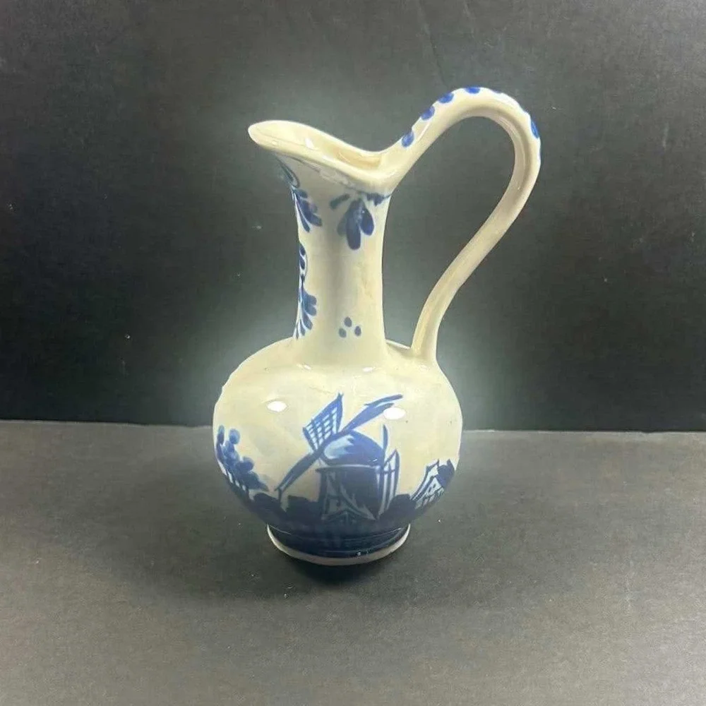 Delfts Blue‎ Miniature Pitcher White Blue Hand Painted Windmill Decor